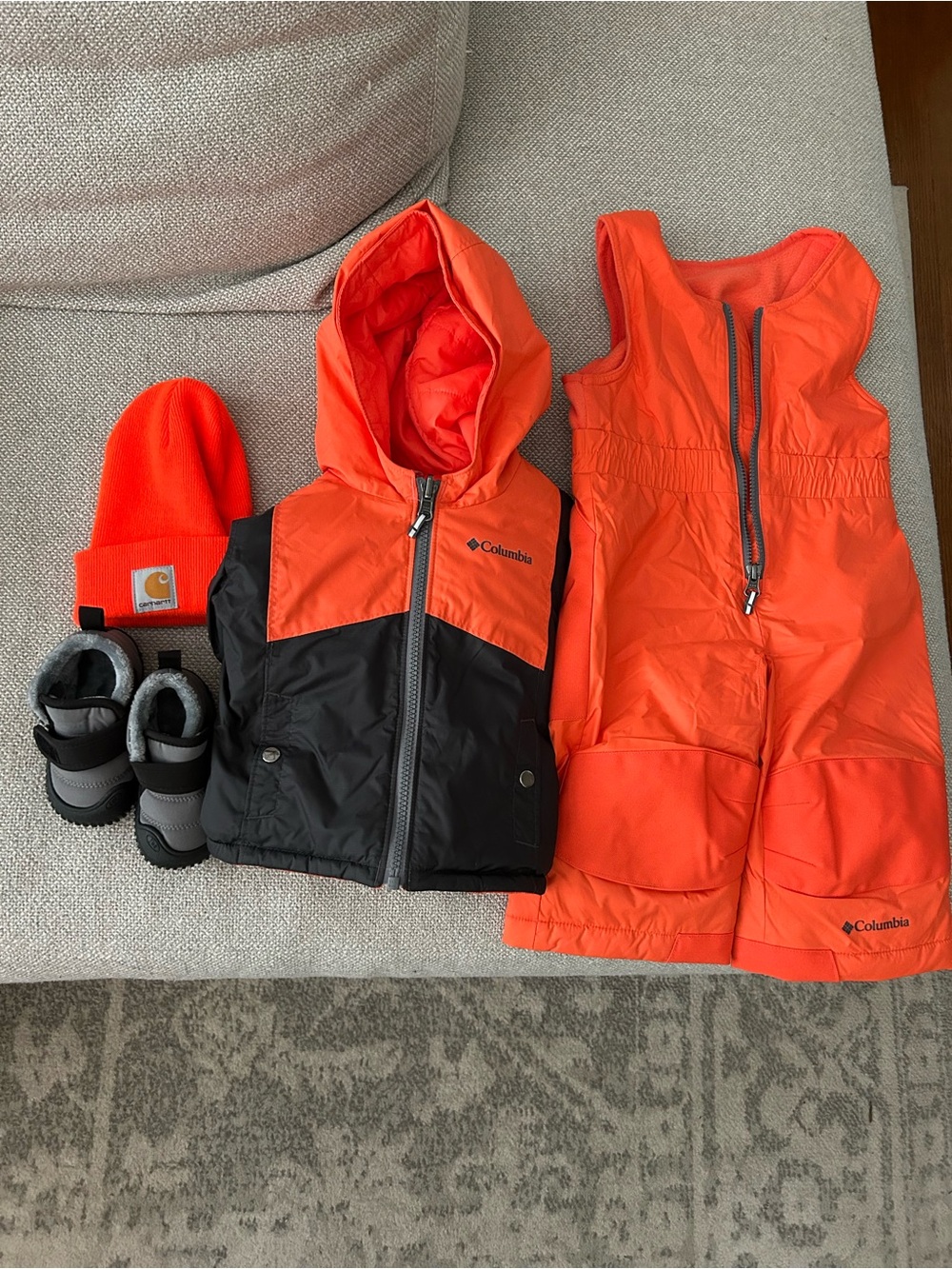 Columbia Orange and Black Coat and Bib snow pants plus boots and hat
